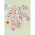 thumbnail image 2 of Suealasg Baby Girls Boys Footies Rompers Newborn Long Sleeve Colorful Checkerboard Print Zipper Jumpsuit Headband 3 6 9 12 18 Months Infant 2pcs Spring Clothes, 2 of 9