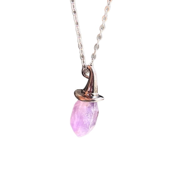 Natural Amethyst Hexagonal Witch Hat Pendant Necklace, Halloween Jewelry, Crystal Necklace for Women, Boho Style, Gothic Accessories, Gift for Witch Lovers