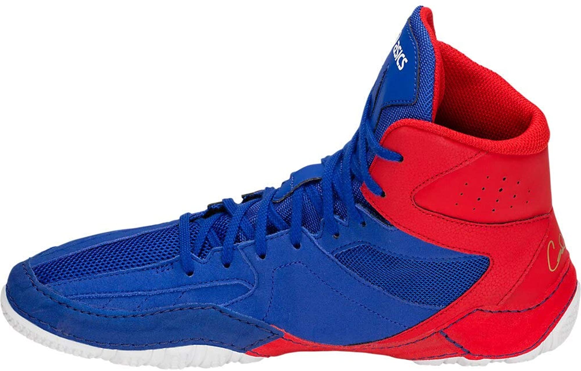 blue and white asics wrestling shoes