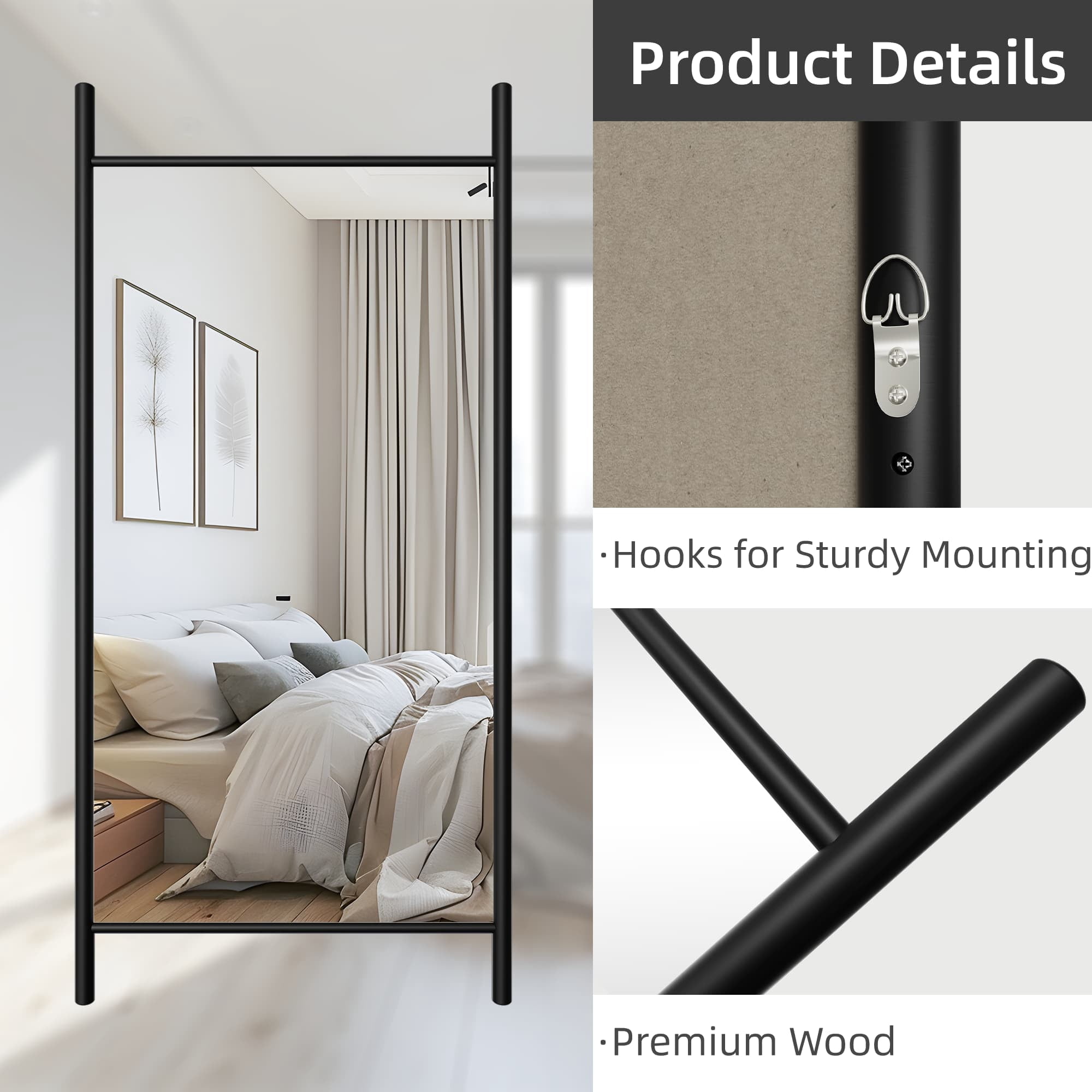 73"x35" Wood Full Length Mirror Ladder Rectangle Floor Mirror, Black