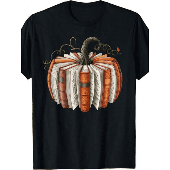 Vintage Book Pumpkin Autumn Graphic Tee for Men Women, Fall Bookworm Short Sleeve T-Shirt, Cozy Casual Crew Neck Top for Daily Wear