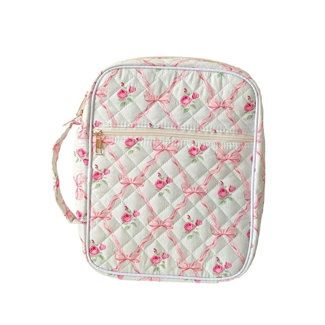 Neceser acolchado portátil para baño con bolsillo con cremallera, ideal como regalo. Lazo y rosa