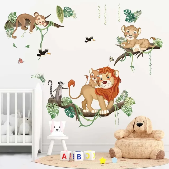 Pegatinas de pared de animales de la selva, pegatinas de pared de safari, mono, león, pegatinas de pared para habitación de niños, habitación de bebé, dormitorio, decoración de pared A