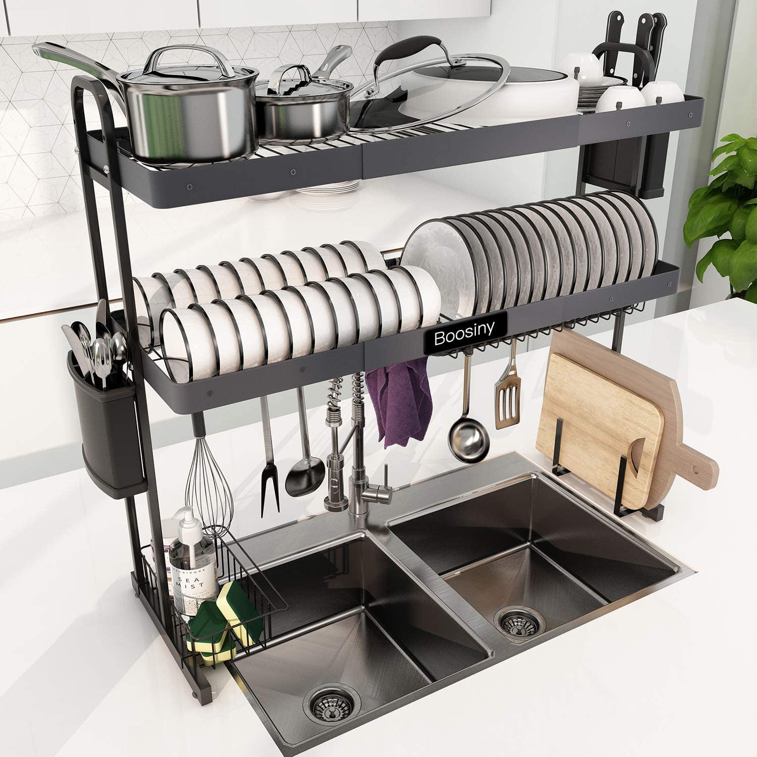 Stainless Steel Heavy-duty Over-the-sink Dish Drying Rack Utensil Shelf Black