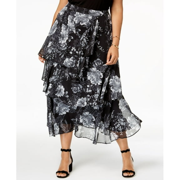 Plus Size Printed Tiered Skirt Black 24