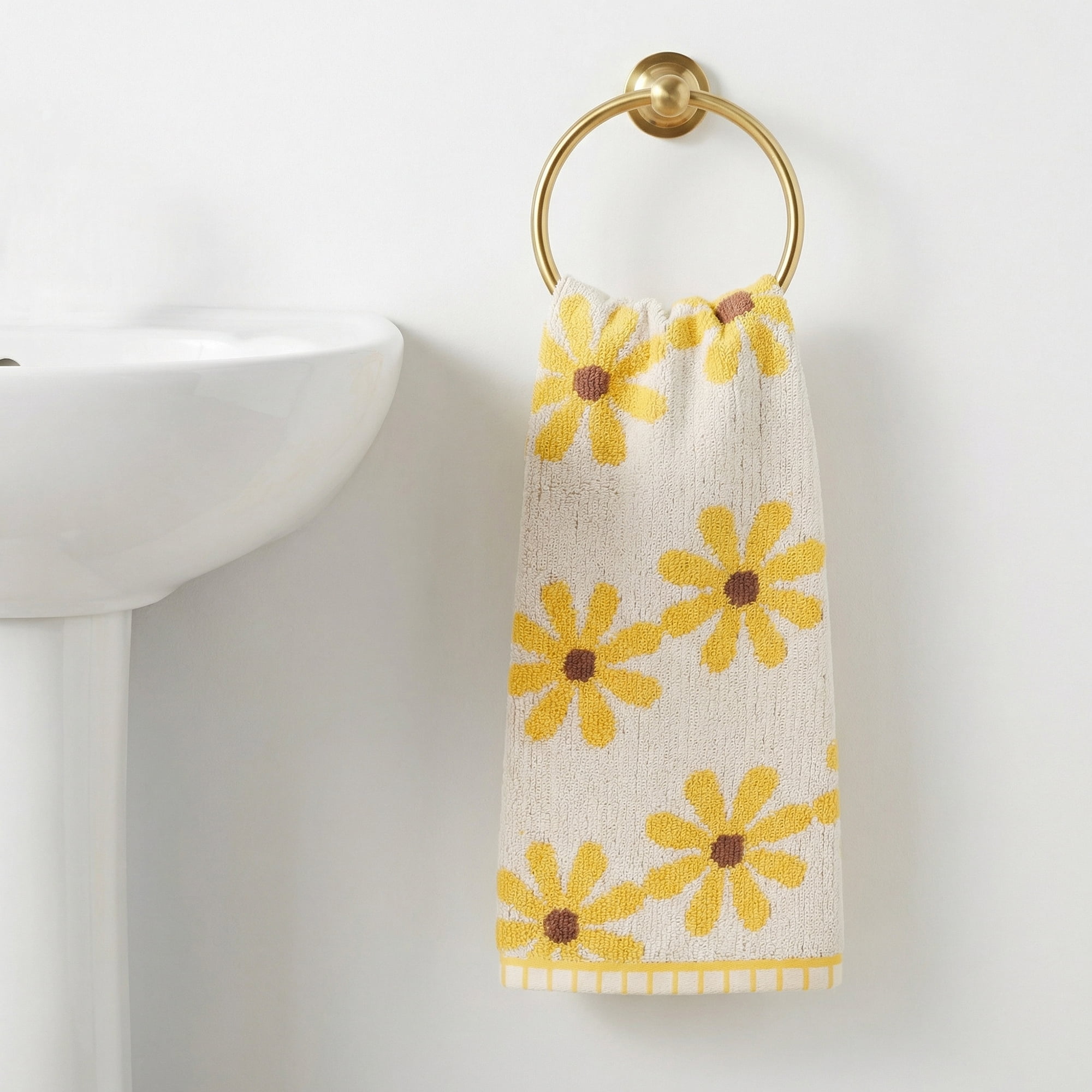 Unique Bargains 2Pcs Pure Cotton Daisy Pattern Ultra Soft Hand Towel Yellow 29" x 13"