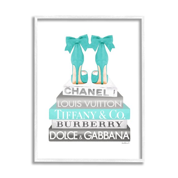 Stupell Industries Turquoise Designer Heels on Modern Glam Bookstack Beauty & Fashion Painting White Framed Art Print Wall Art, 16 x 20