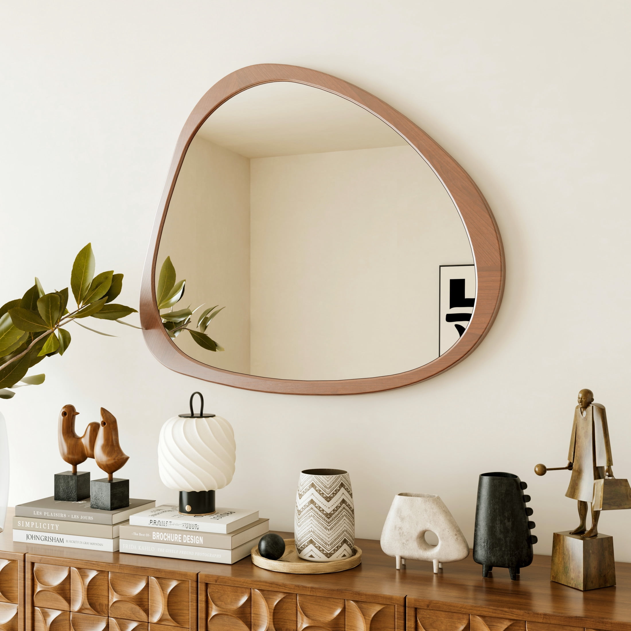 Noble House 45" Asymmetrical Wall Mirror, Solid Wood Frame, Glass Mid-Century Accent, Bathroom, Hallway, Walnut