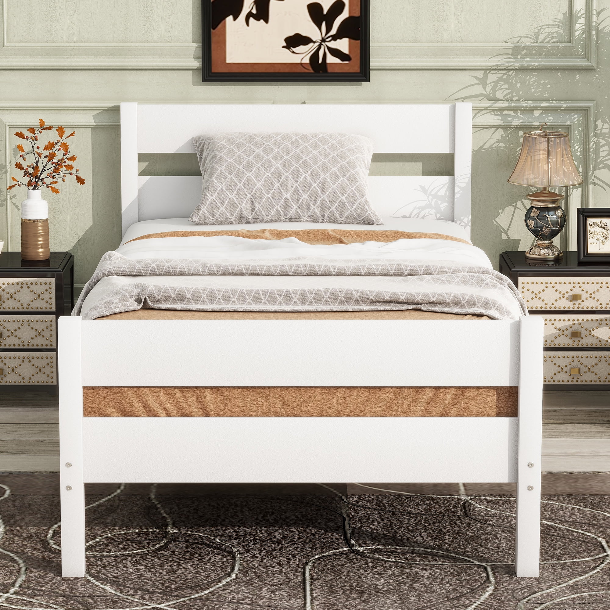 Sailvan Twin Rubber Wood Platform Bed Frame with Headboard and Footboard, Space-Saving Design White