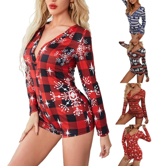 Liacowi Women Christmas Pajamas Shorts Romper Deep V Neck Button Short Bodysuit