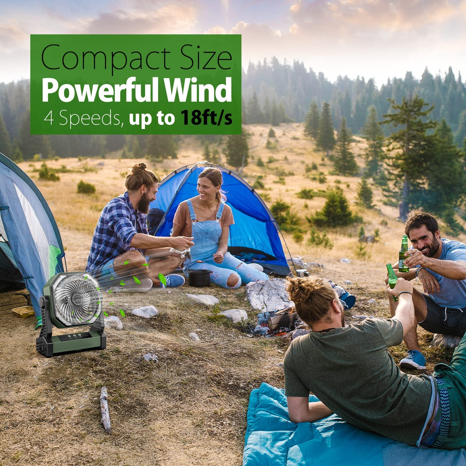 20000mAh Battery Powered Fan, Portable Rechargeable Desktop/Camping Fan with Light and Hook, 270° Rotation 4 Speed ​​Battery Powered Outdoor Fan for Tent, Car Travel, Sleeping, Hurricane,