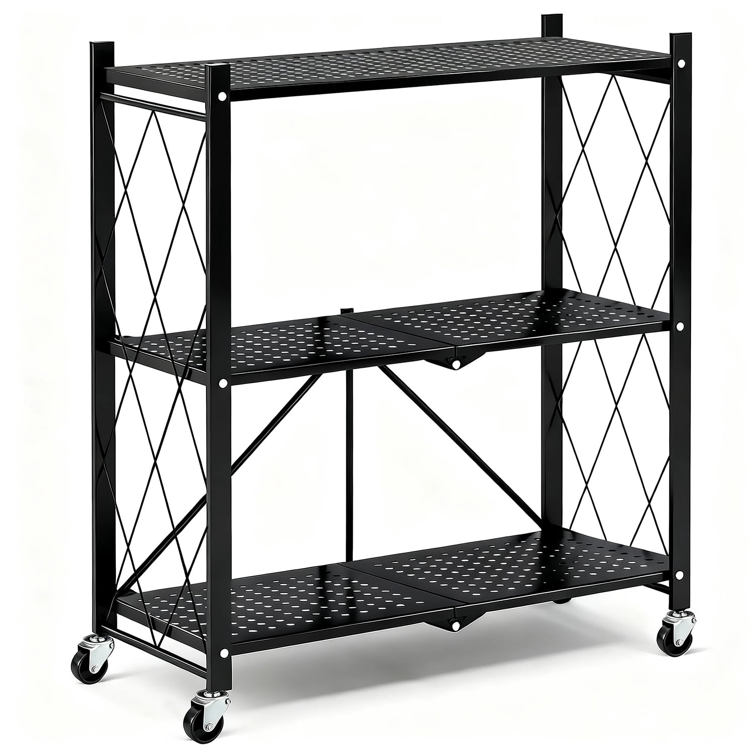 TAIMASI 3-Tier Foldable Metal Shelf with Wheels, Heavy-Duty Movable Wire Rack for Garage, Kitchen, Basement, Pantry Storage, 28''L x 13.4''W x 34.7''H-Black