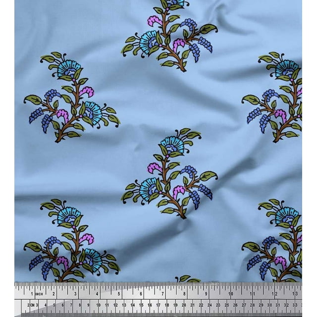 Soimoi Satin Silk Fabric Leaves & Floral Block Print Fabric by Yard 42 Inch Wide