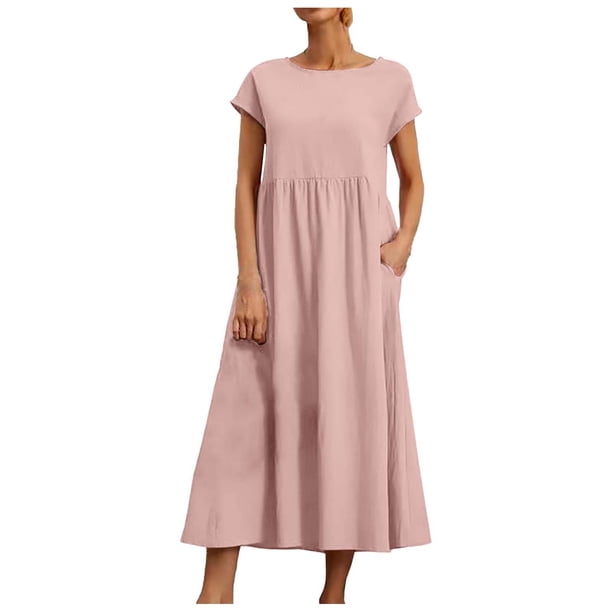 Vestido informal de lino sin mangas para mujer con bolsillos - Vestido midi de verano holgado con cuello redondo