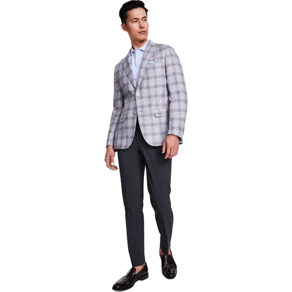 Tallia Mens Slim-Fit Plaid Linen Sport Coat, Purple, 44 R/M37.5