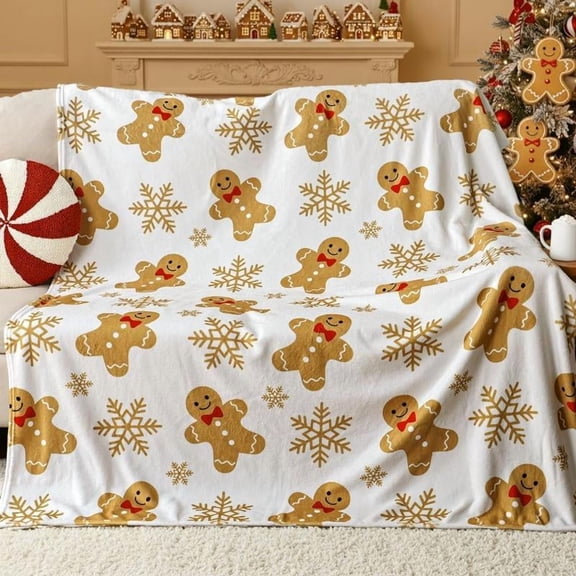 MelonBoat Christmas Gingerbread Throw Blanket: Ultra Soft White Flannel Plush Gingerbread Man Bed Blanket, Lightweight Cozy Christmas Blanket for Couch Sofa Bed Living Room Home Decor Gifts