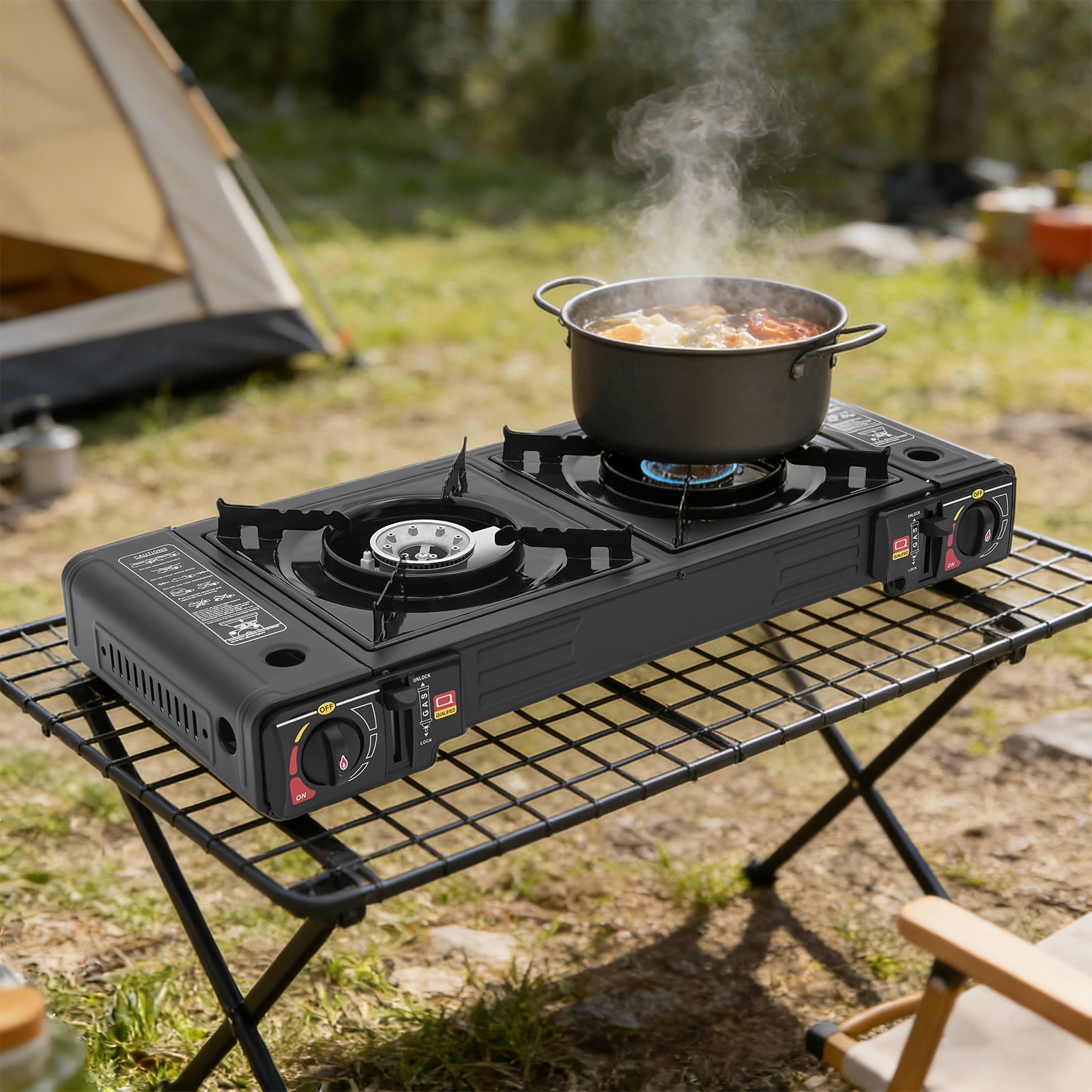 DUYIWAA 2 Burners Portable Camping Stove Outdoor Tabletop Gas Stove with Baking Tray & Carry Case