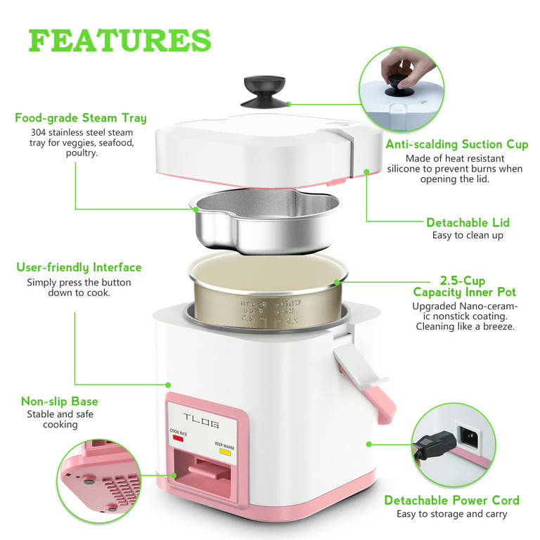 TLOG Mini Rice Cooker 2.5 Cups Uncooked, Healthy Ceramic Coating Portable Rice  Cooker, 1.2L Travel