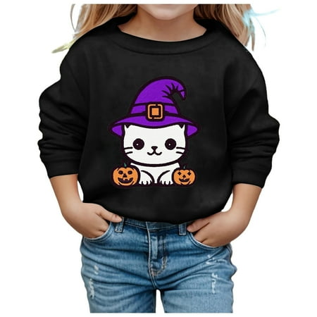 Weebloom Boys Girls Halloween Sweatshirt Cartoon Print Crewneck Casual Pullover Long Sleeve Tops For Kids Toddler Youth Fall Winter Outfit Sweatshirts Loose Dailywear Black