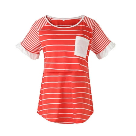 

Miluxas Women s Maternity Nursing stripe Tops Short Sleeve Breastfeeding Clothes Clearance Sales Red 4(S)