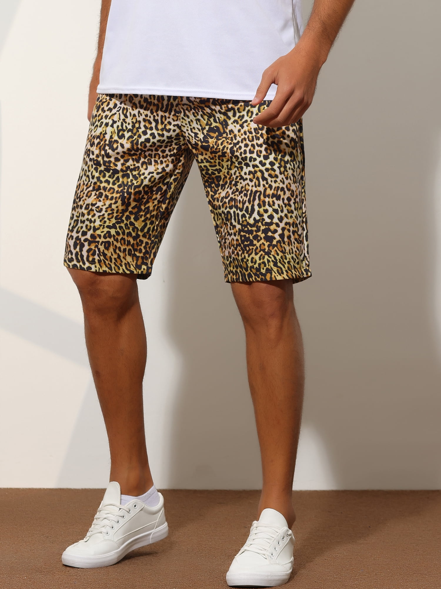 Unique Bargains Men's Animal Printed Shorts Regular Fit Summer Golf Shorts Pants 36 Leopard Print