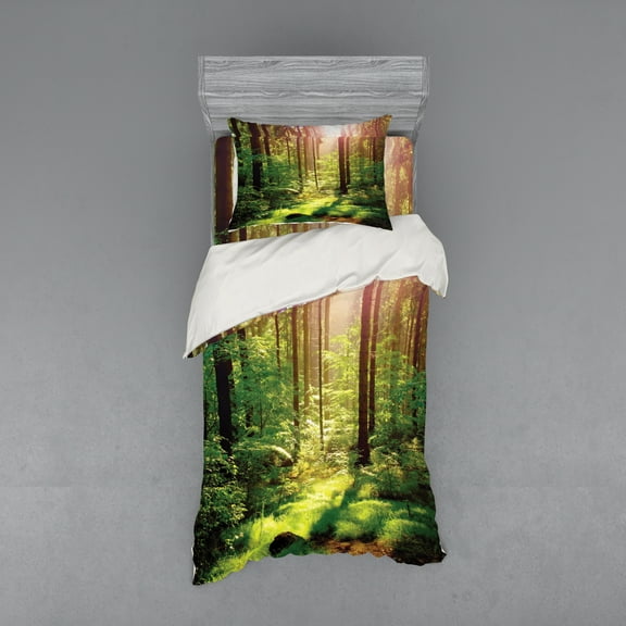 Ambesonne Forest Bedding Set 3 Pcs, Sunset Moss Woods Trees, Twin XL, Green Brown