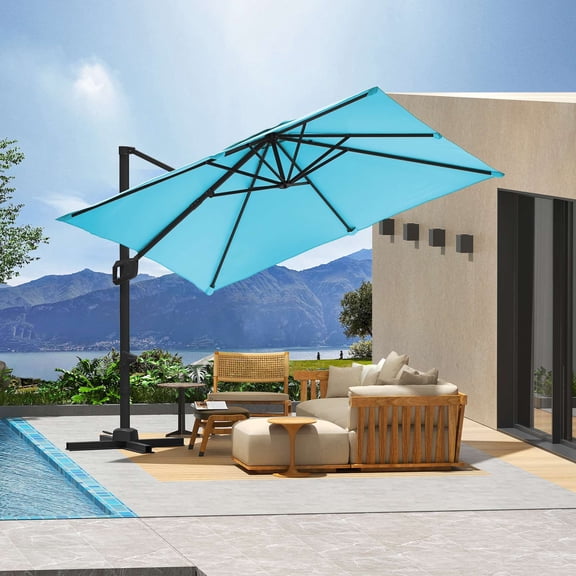EastVita 10 Ft Square Patio Umbrella Outdoor Cantilever Umbrella 360 Degree Rotatable UV Protection Roman Umbrella For Pool Patio Garden Turquoise Blue