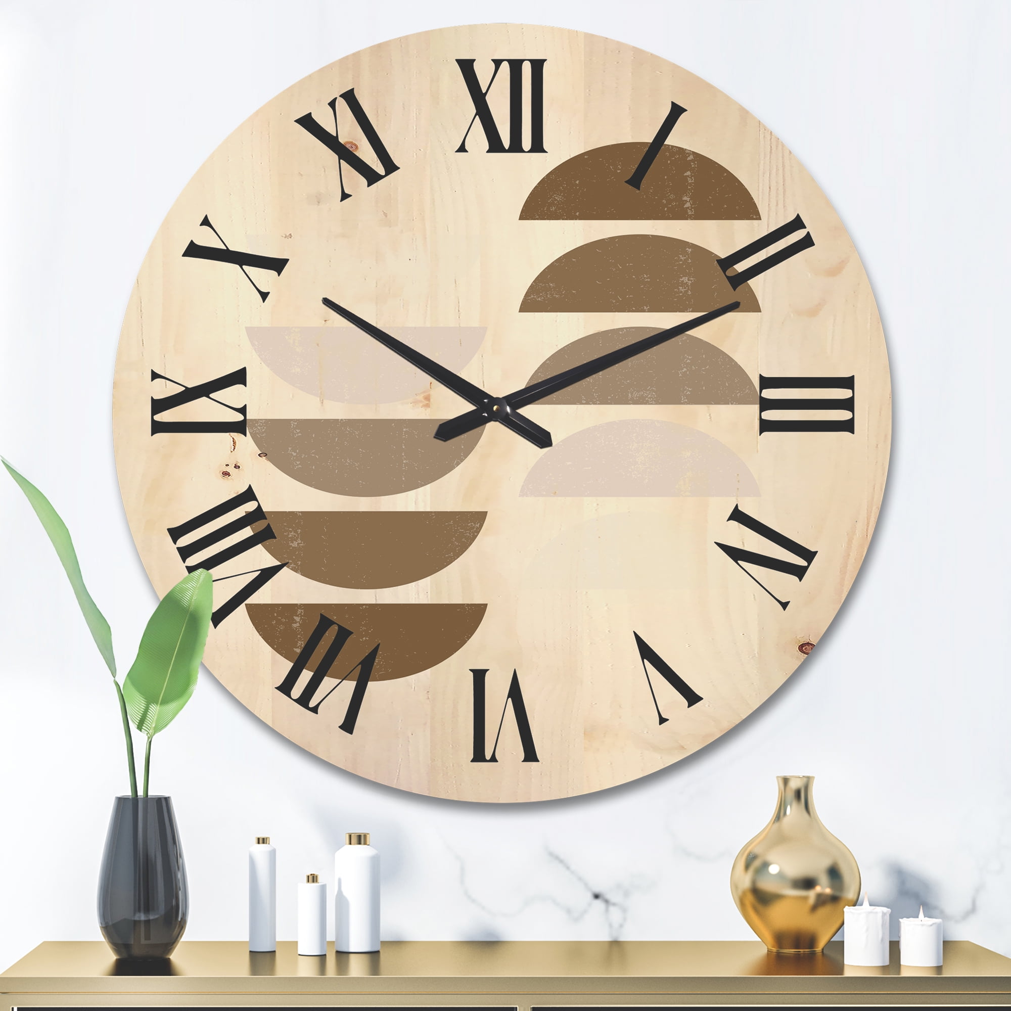 Designart 'Abstract Moon and Sun Geometrics In Terracotta II' Modern Wood Wall Clock