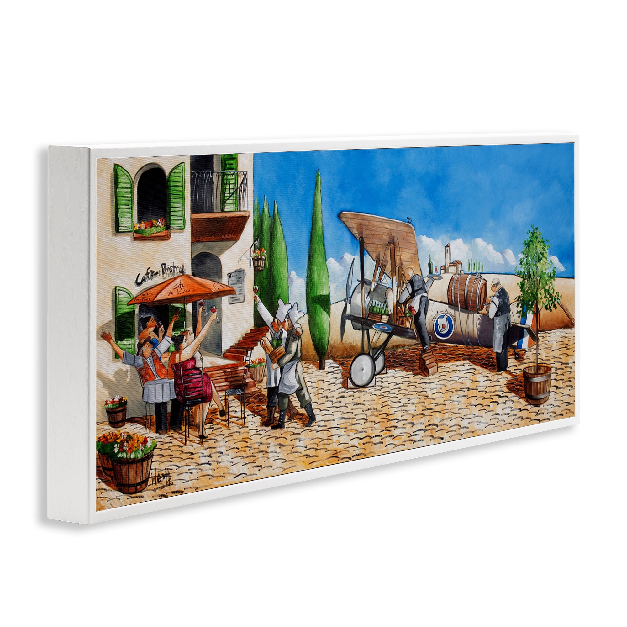 Stupell Industries Café & Airplane Scene Scenery Painting White Framed Art Print Wall Art, 24 x 10