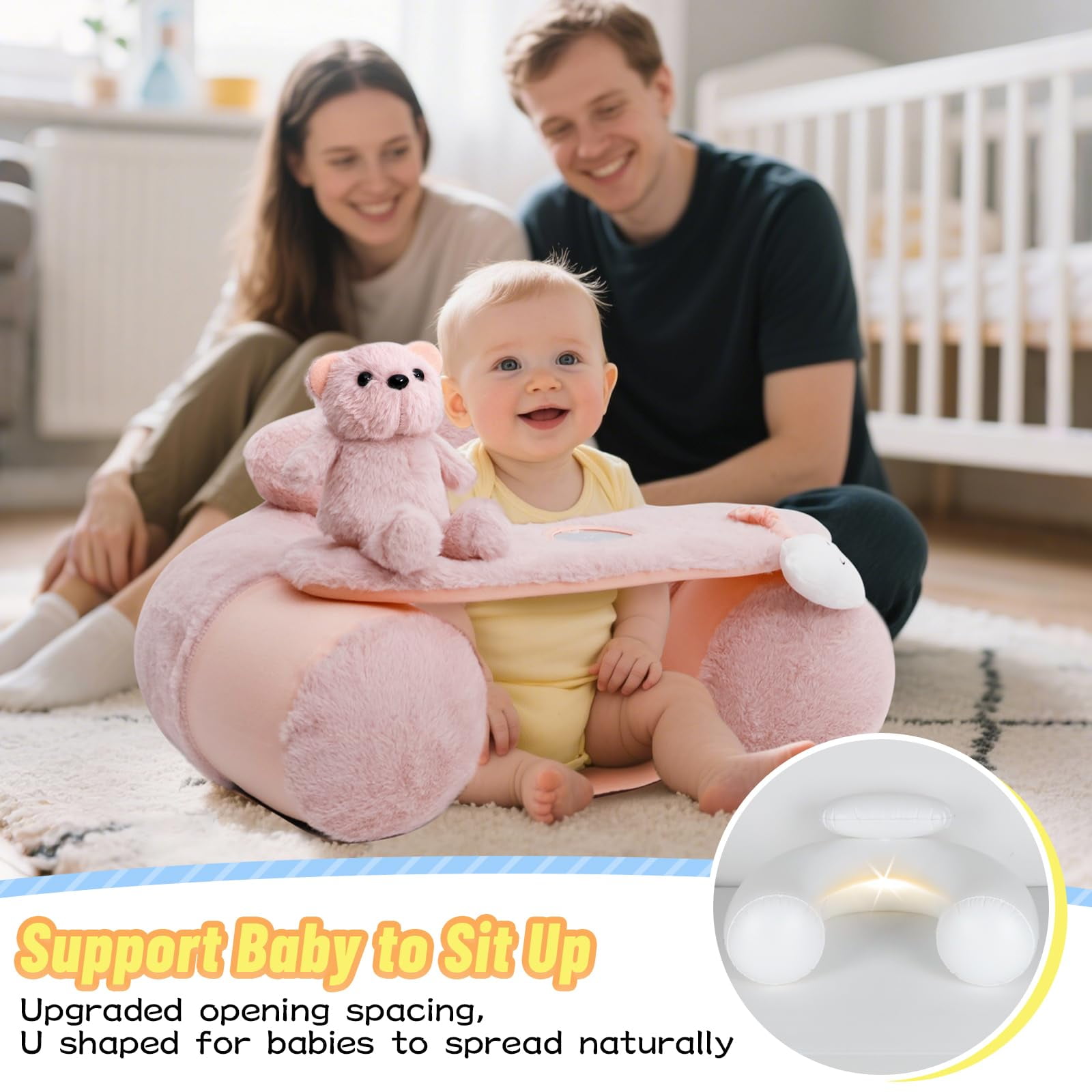 Inflatable Baby Floor Seat with Removable Cover - Portable Sit & Play Activity Chair for Infants 3-36 Months, Pink