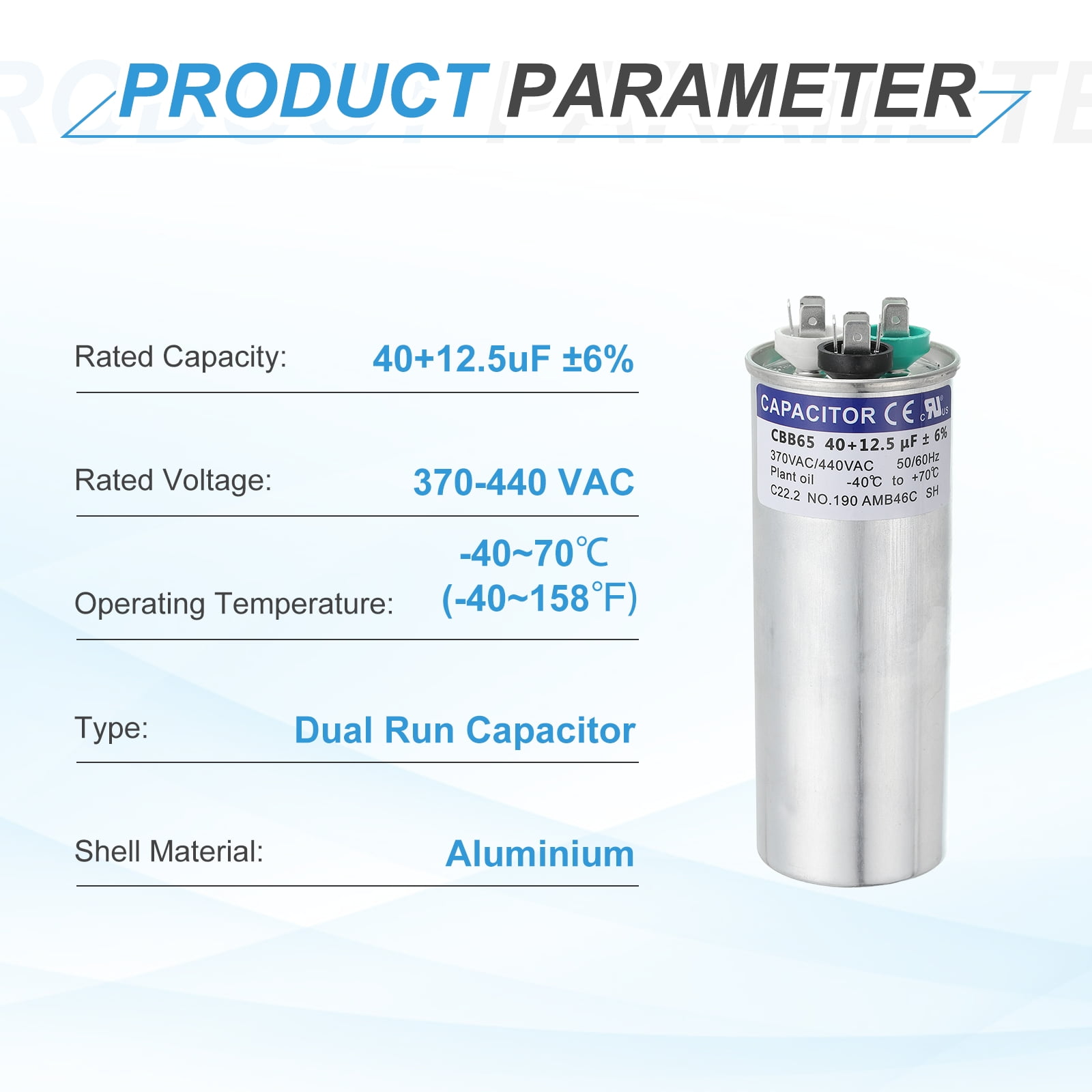 Uxcell CBB65 Capacitor, 40+12.5uF 370-440 VAC 50/60Hz Aluminium CBB65 Air Conditioner Motor Starting Round Capacitor for HVAC Systems, Air Conditioner, Heat Pump