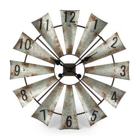 Rustic, Antique-styled Windmill Wall Clock with Hours of the Day on the