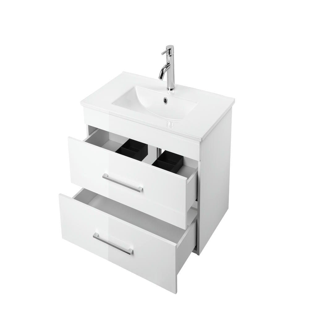 Canddidliike 32-Inch White Gloss Wall-Mounted Bathroom Vanity with Double Drawers, Soft-Close System, Modern and Minimalist Vanity with Ceramic Sink for Indoor, White
