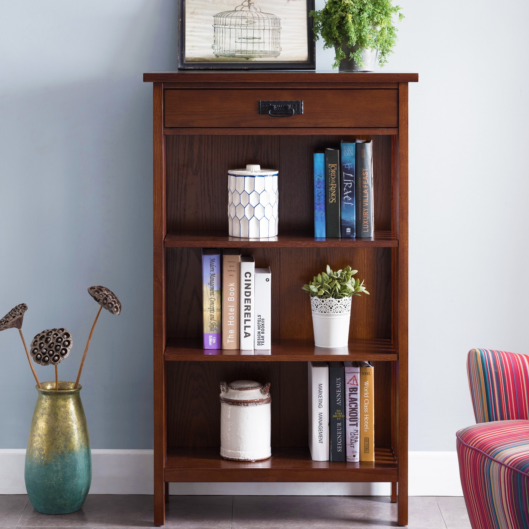 Carbon Loft Leick Home Mission Mantel Height Bookcase with Slatted Sides Mission Oak/ Black