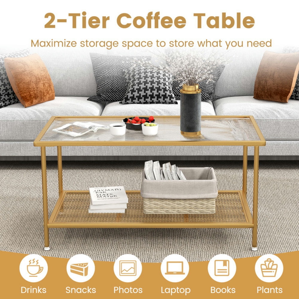 Finihen Coffee Table, Tempered Glass Coffee Table, 2-Tier Coffee Table with Shelf Center Tea Table with Tempered Glass Top, for Living Room, Reception Room, Golden Finihen Coffee Table, Tempered Glass Coffee Table, 2-Tier Coffee Table with Shelf Center Tea Table with Tempered Glass Top, for Living Room, Reception Room, Golden
