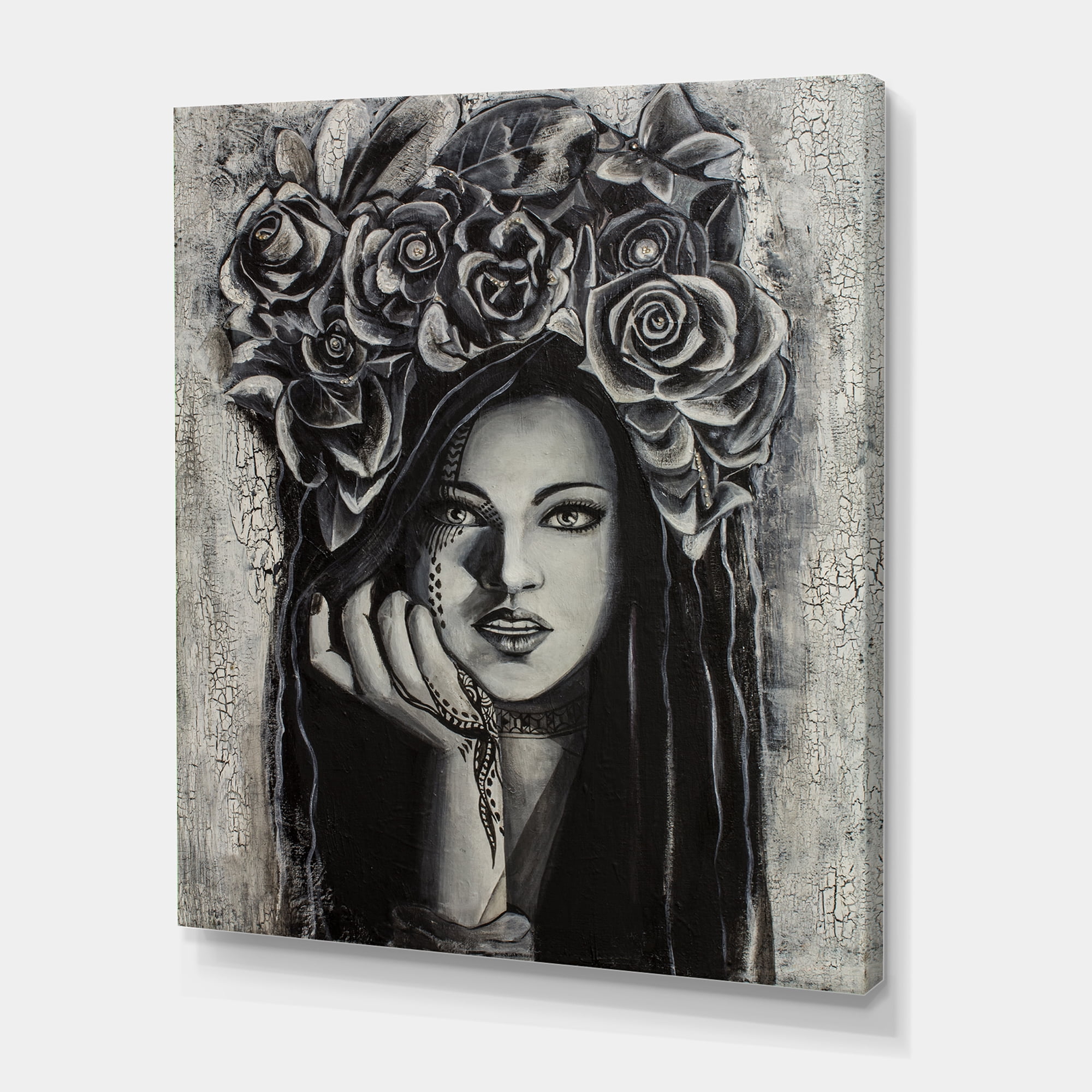 Designart ' Portrait Of A Young Woman With Flowers III ' Modern Canvas Wall Art Print