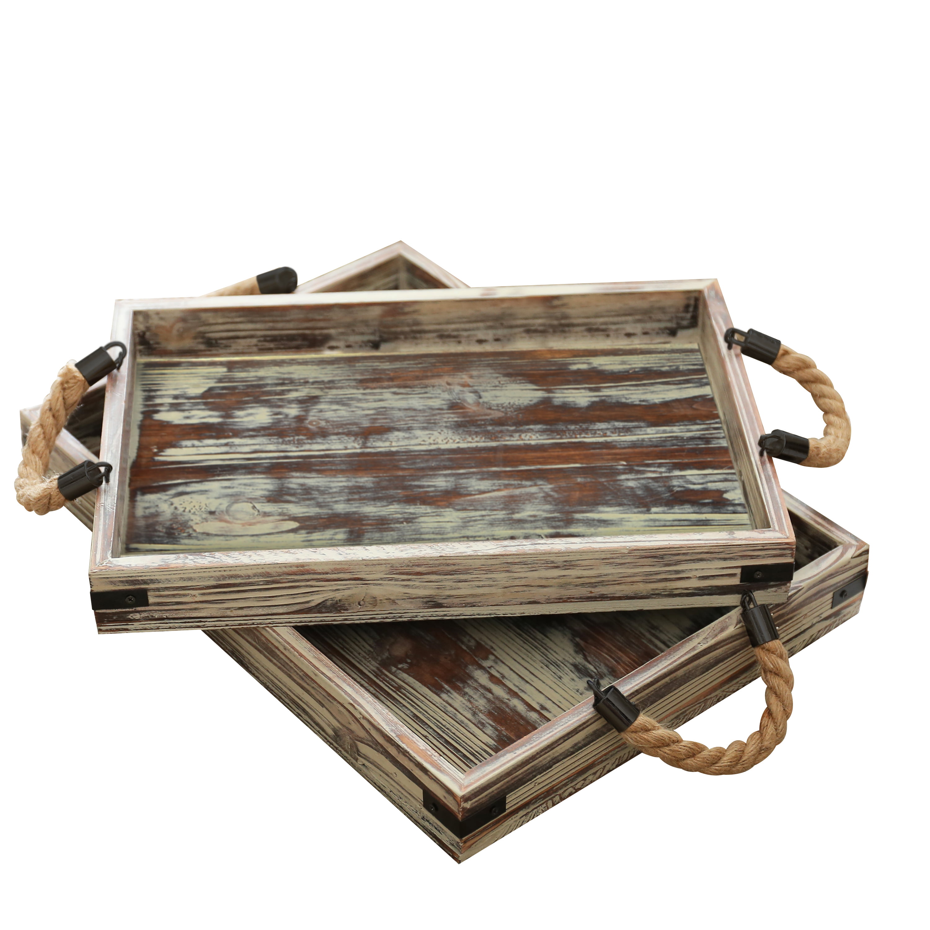 Country Rustic Wood Coffee Tray Set of 2 with Rope Handles / Breakfast