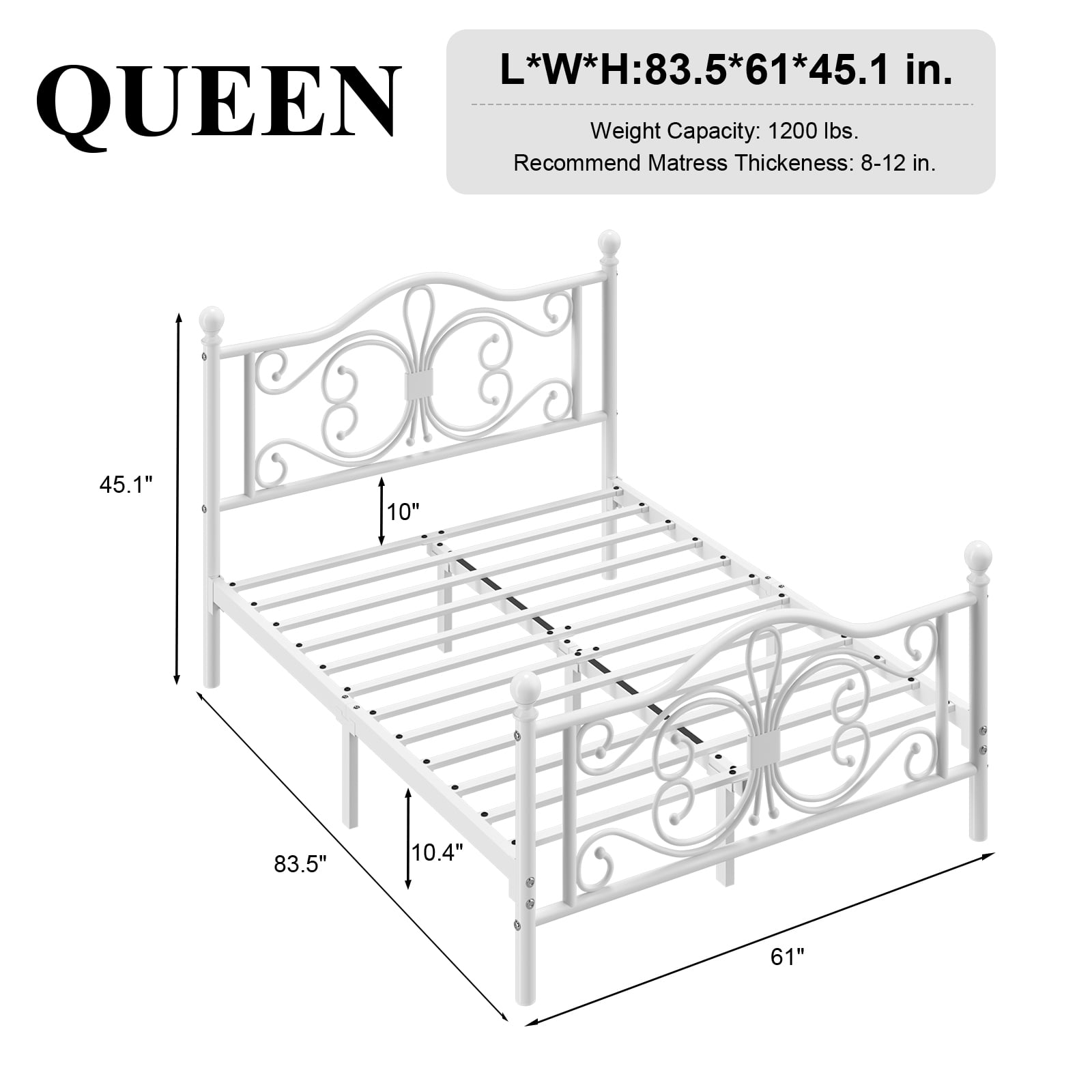 EBERY Queen Size Metal Bed Frame with Butterfly Pattern Design Headboard & Footboard, Underbed Storage, White