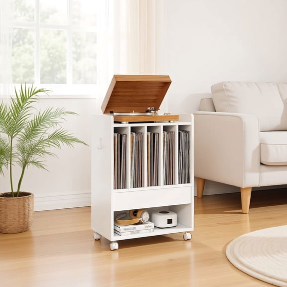 Barara King End Tables,Side Tables,Record Rolling Turntable Player Stand with Drawer-White
