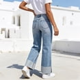 thumbnail image 6 of ClodeEU Women's High Waisted Cuffed Wide Leg Jeans with Distressed Patchwork ,Fashion Denim Pants Blue,Womens Plus L, 6 of 6