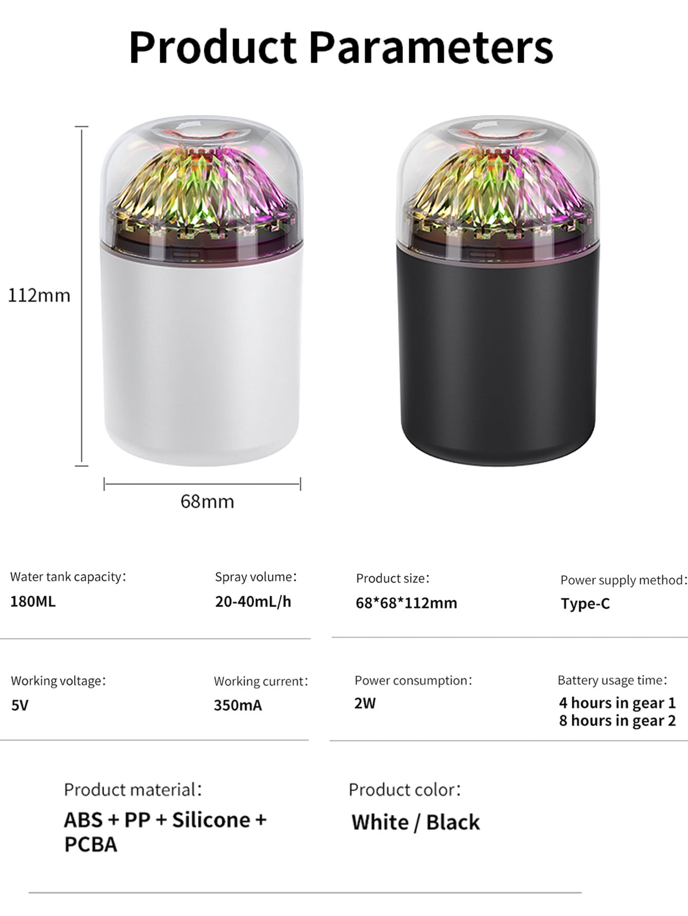 JELLOO 180mL Personal Desktop Cool Mist Humidifier, Colorful LED Night Light