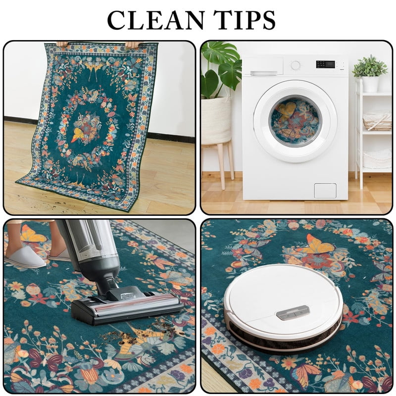6x9 Washable Dark Green Area Rug for Living Room, Soft Low Pile Butterfly Insect Printed Throw Rugs with Rubber Backing, Non-Slip Stain Resistant Large Carpet for Bedroom Office Dining Girls Room