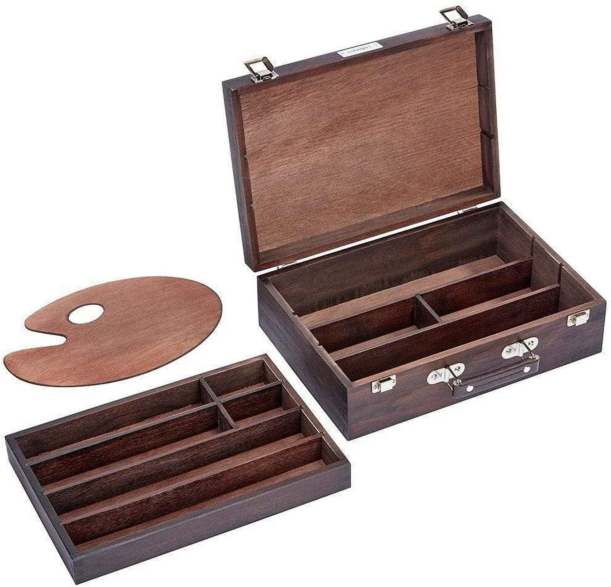 Wood Art Storage Box With Espresso Stain, 2-Tier Wood Case with 10 Dividers, Holds Markers, Paint, Brushes, Pencils, And More