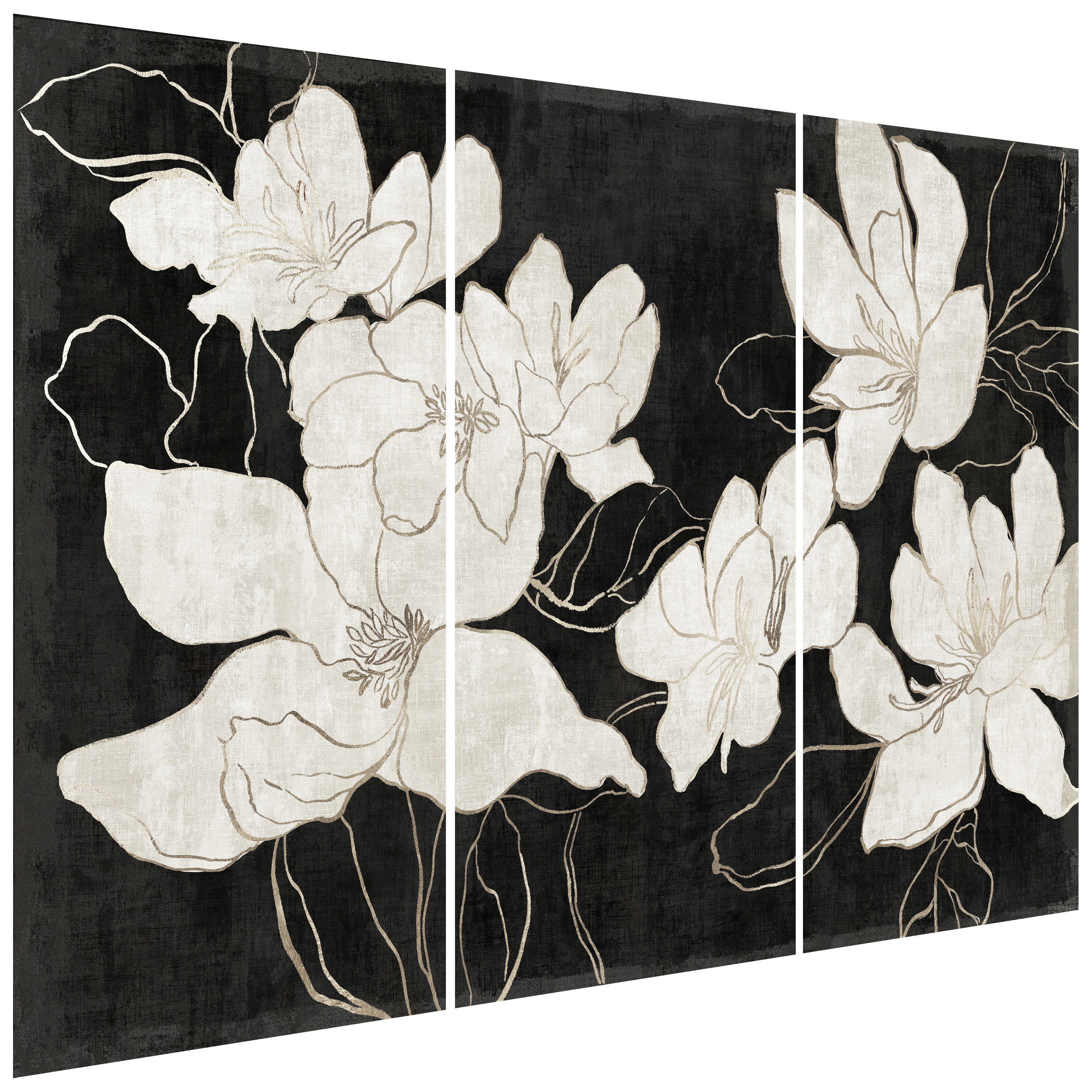 "Floral Elegance Trio" White Flower Frameless Free Floating Reverse Printed Tempered Glass Wall Art
