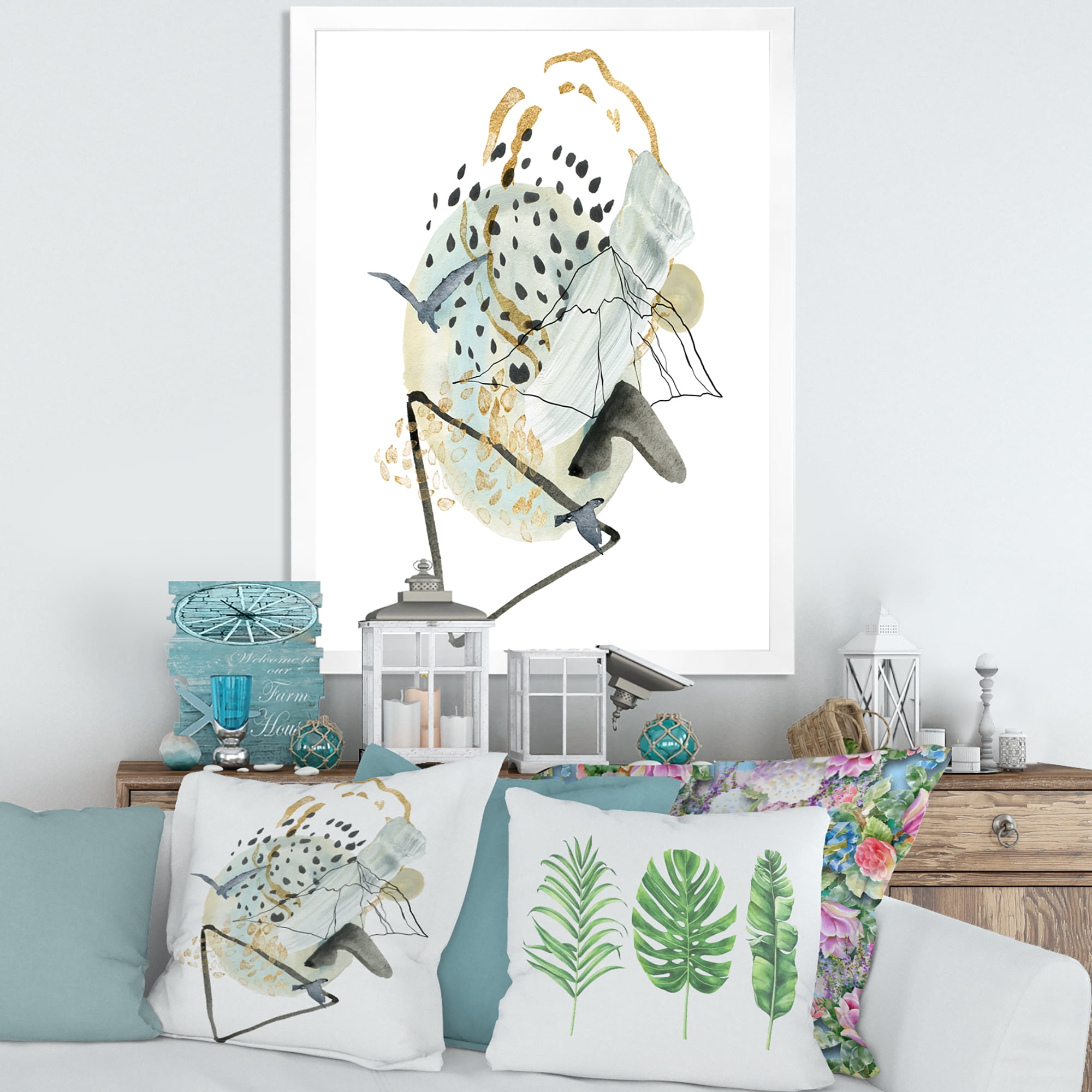 Designart 'Mountain Bird With Gouache Of Abstract Landscape' Modern Framed Art Print