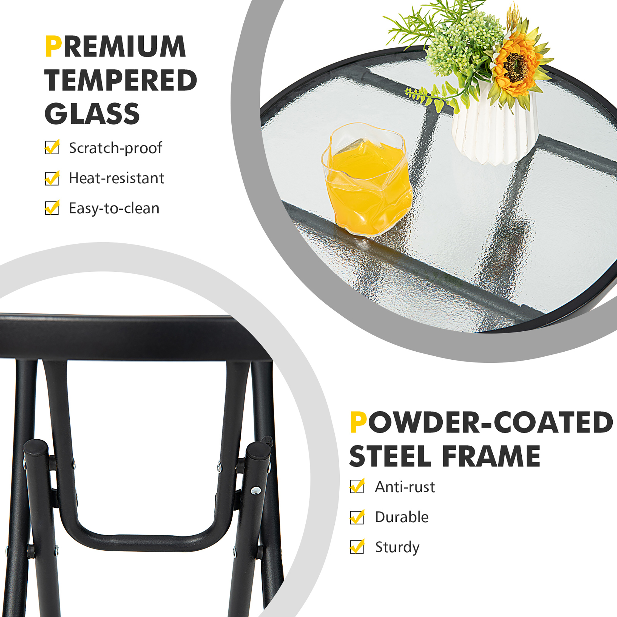 Gymax 18'' Patio Side Table Outdoor Folding Coffee Table w/ Tempered Glass Table Top