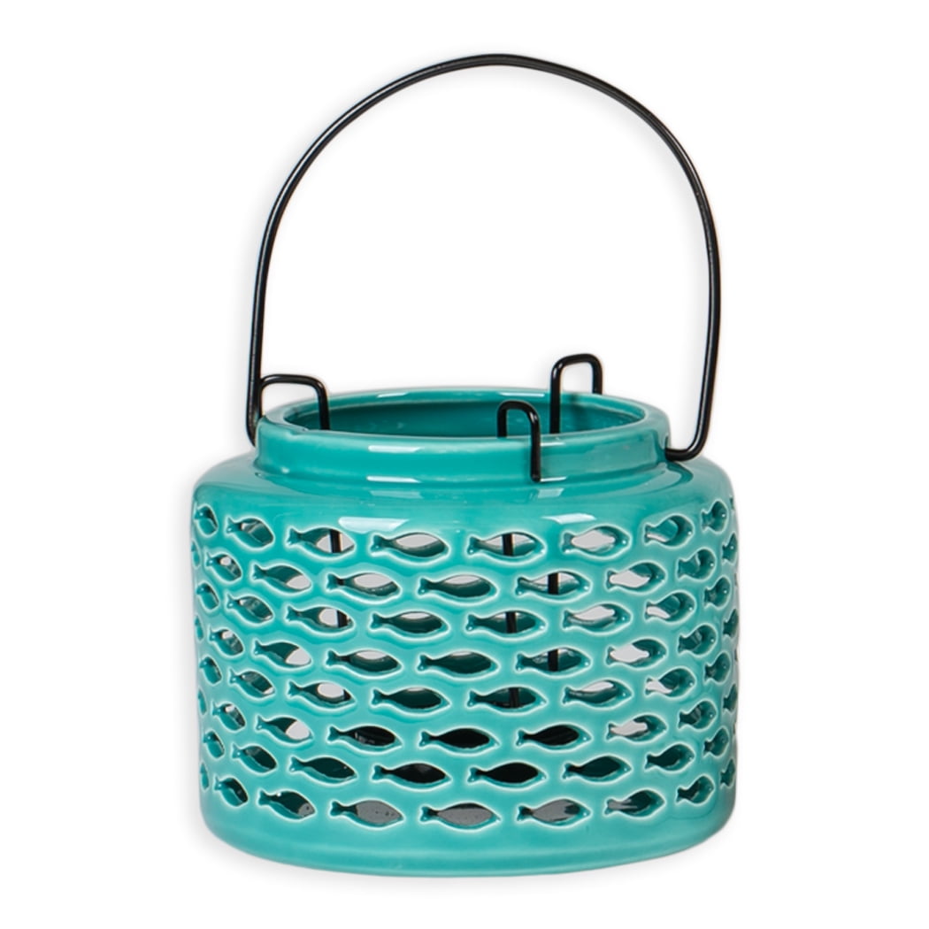 5 Inch Metal Tealight Hanging Nautical Ceramic Lantern Teal Fish