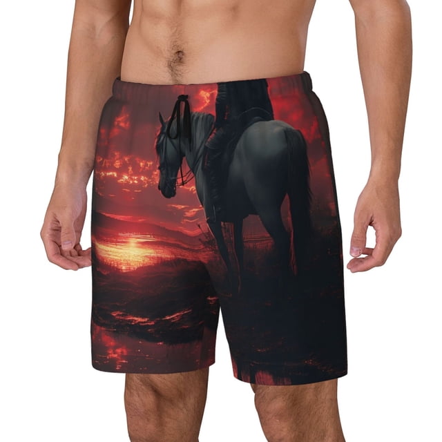 Lsque Lone Rider Under Red Sky Pattern Mens Swim Trunks- Bathing Suit Compression Liner - Beach Swim Shorts Swimwear - (S-3XL) - Stretch Quick Dry-Large
