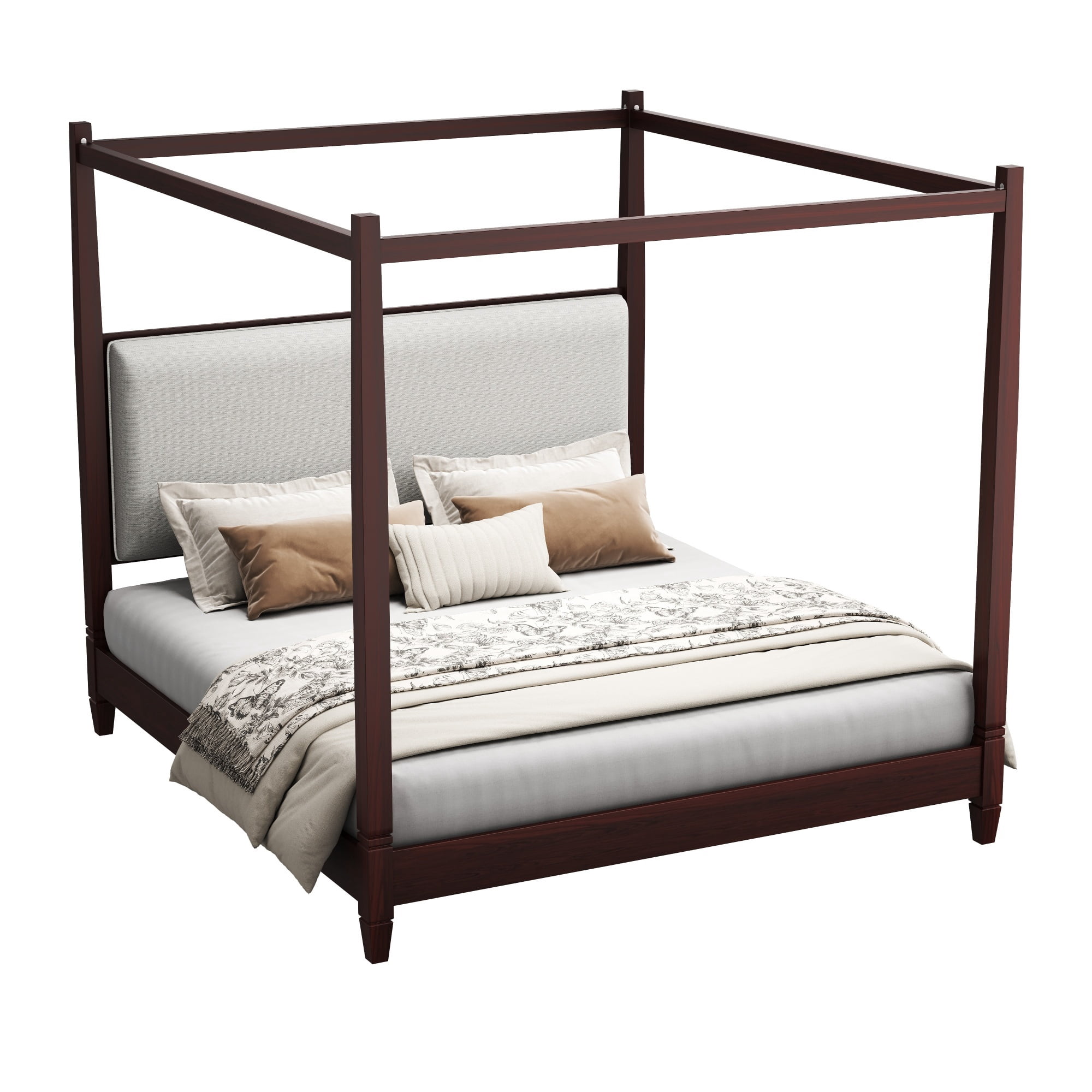 Euroco Wood King Size Canopy Platform Bed with Upholstery Headboard, Espresso