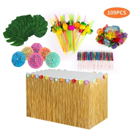 

TOPOINT 109pcs Table Skirt Raffia Style Fringe Party Decoration Kit for Tiki Tropical Hawaii or Moana Themed Birthday New